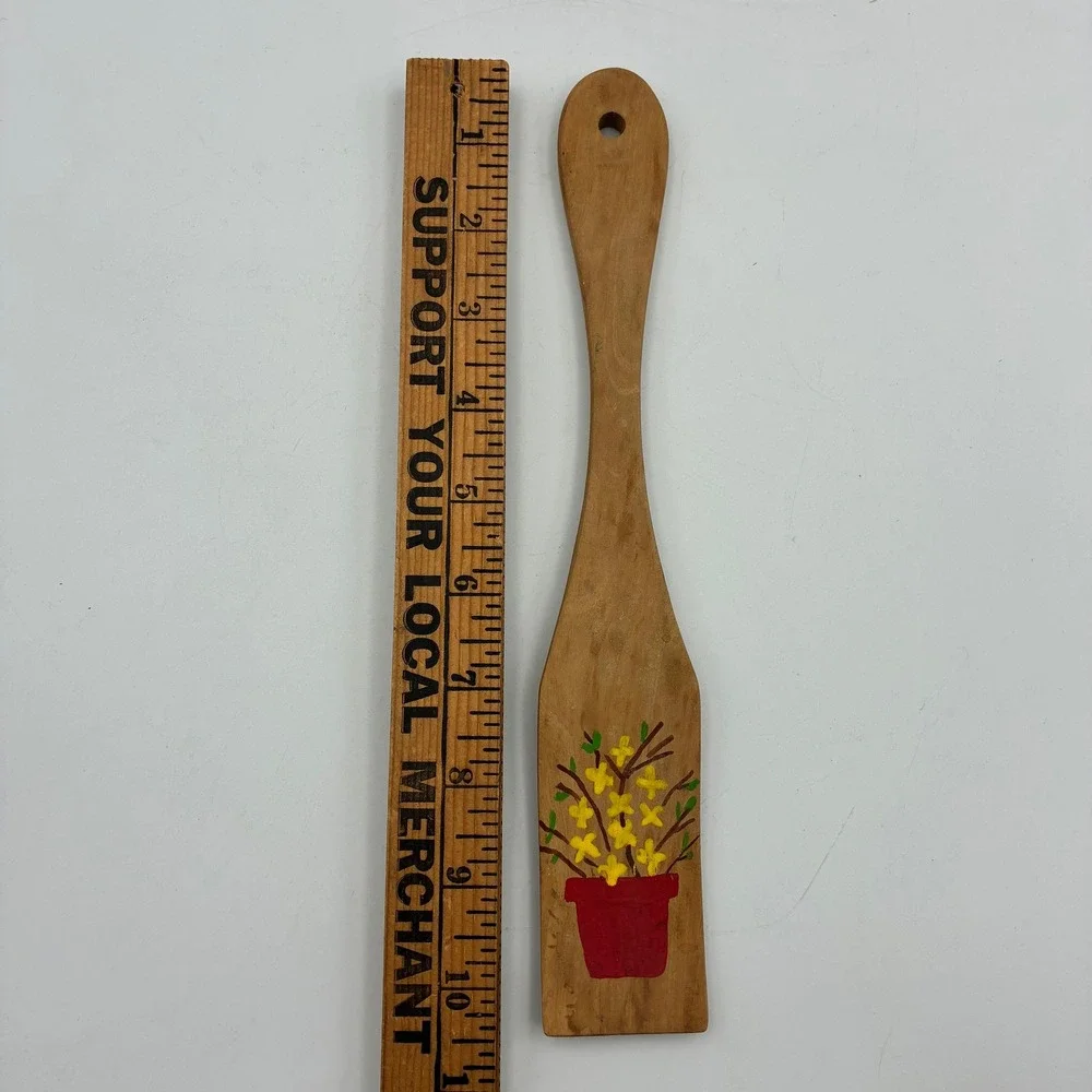 Vintage 1976 Hand Painted Wooden Spoon Spatula Set Folk Art Floral 3pc Decor